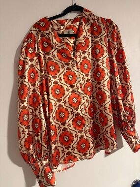 Women's Floral Button-Front Blouse in Orange and Cream